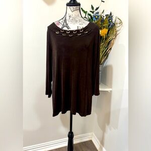 Traveler’s By Chico’s Brown Tunic long Sleeves & Decorative beaded Neckline